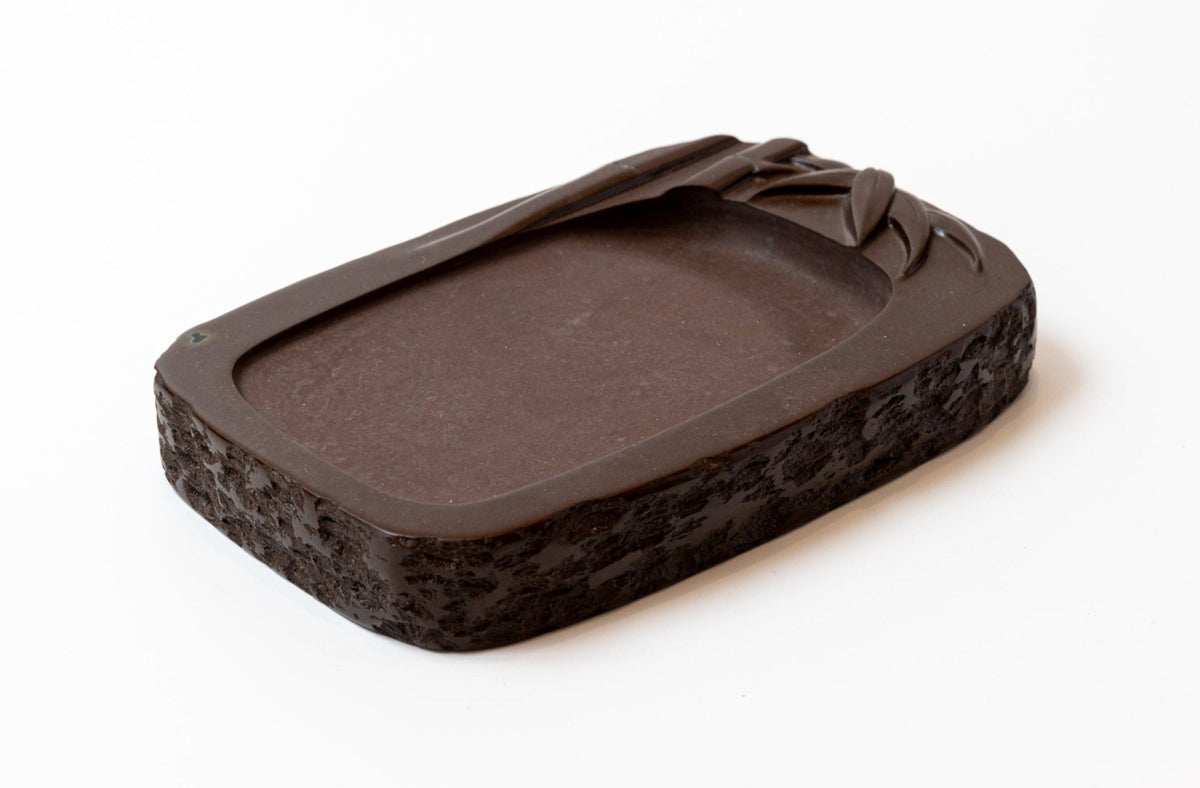 中国 書道具 竹果実文 黎渓石 碧玉硯 端渓硯 共箱 M